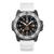 Herrenuhr mit schwarzem Gehäuse, grauem Zifferblatt, orangefarbene Zeiger und Datumsfenster, hellgraunes Band
