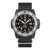 Herrenuhr mit schwarzem Gehäuse und grauem Zifferblatt, orangefarbene Zeiger, Datumsfenster, schwarzes Band