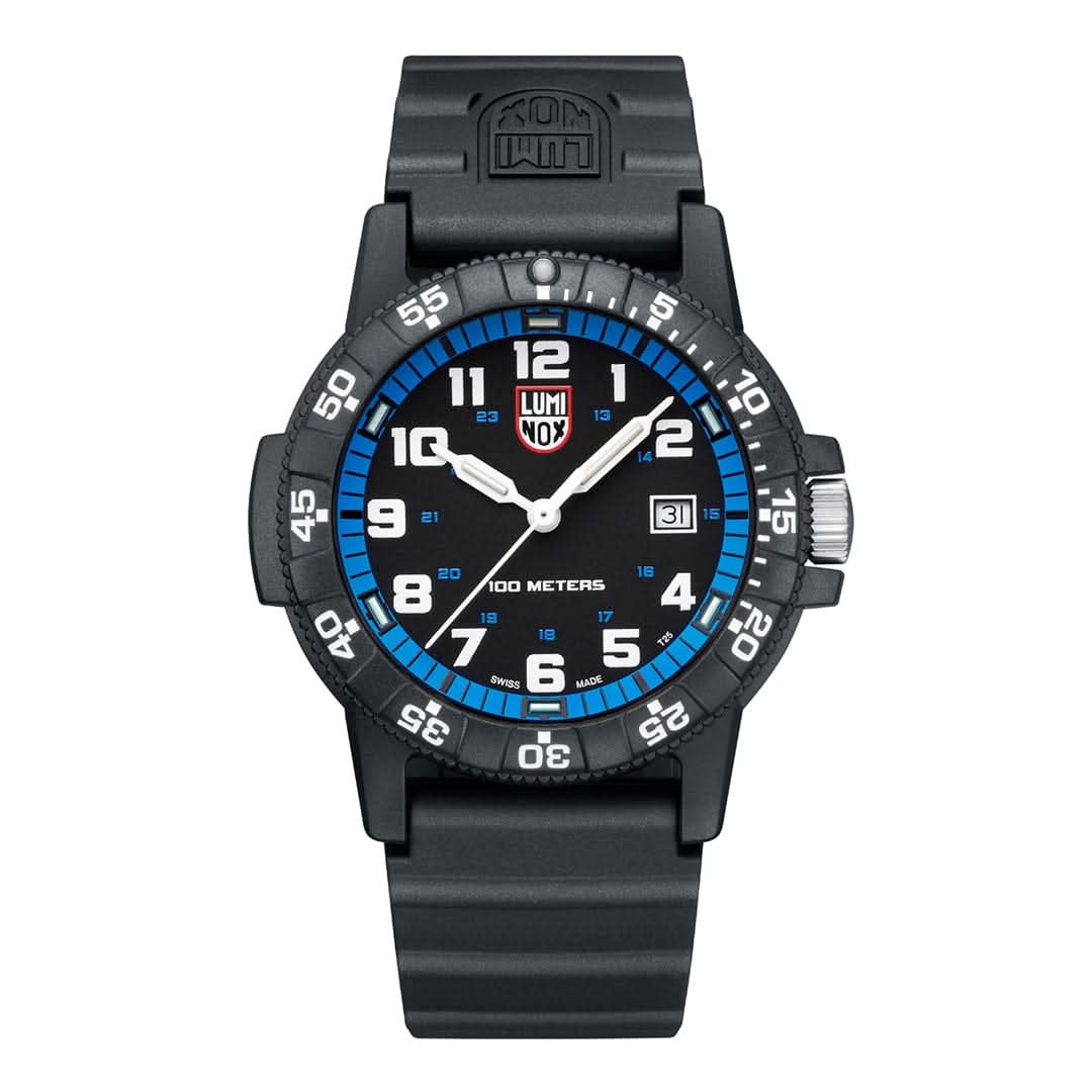 Herren-Armbanduhr mit schwarzem Gehäuse, blauem Ziffernring und Datumsanzeige am 3-Uhr-Feld
