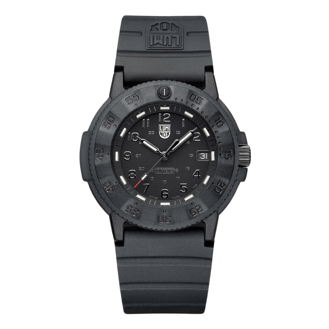 Schwarze Herrenuhr mit schwarzem Zifferblatt, Lünette und Kautschukarmband