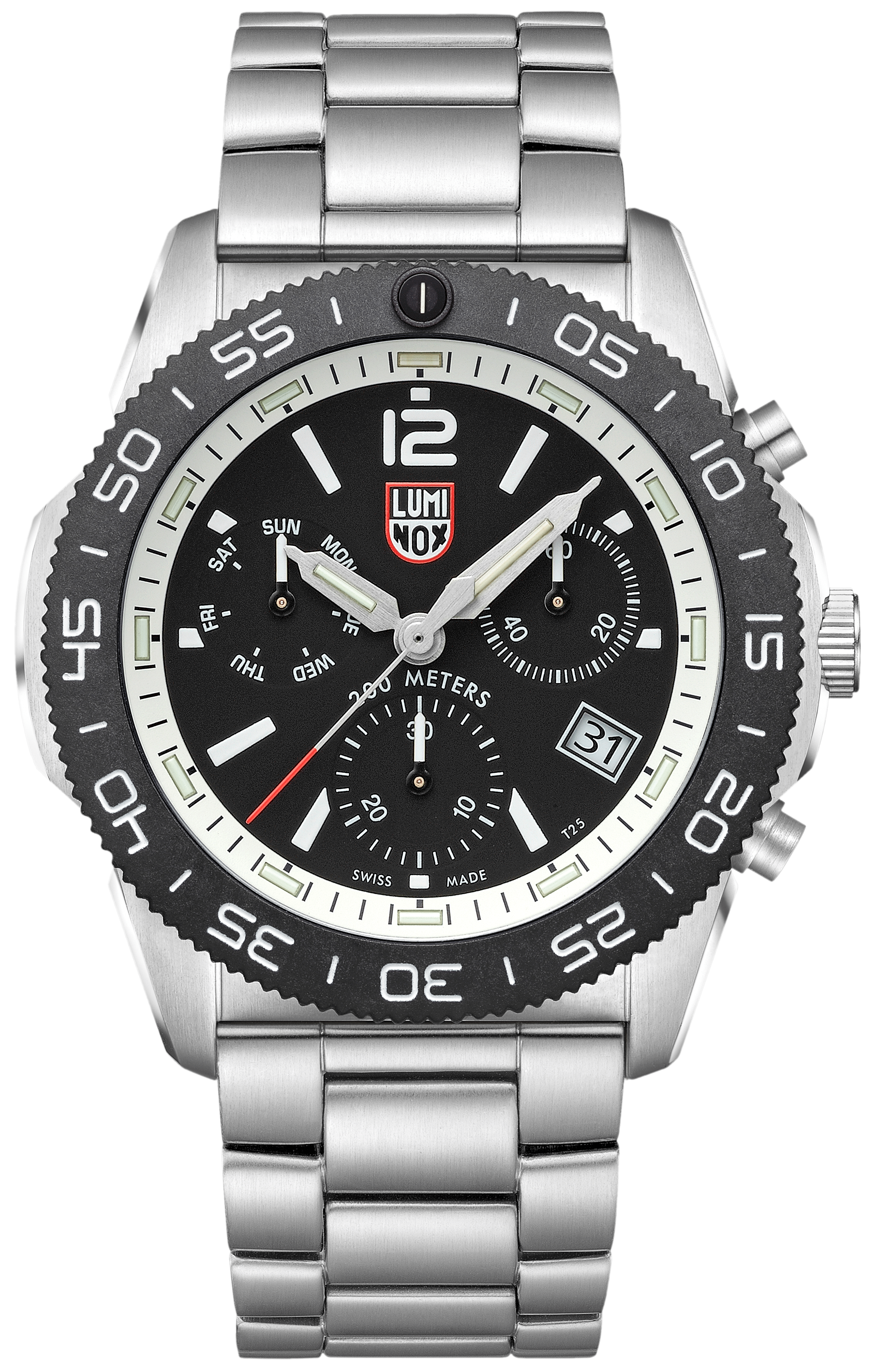 Herren-Chronograph mit silbernem Gehäuse und Armband, schwarzem Zifferblatt und Tachymeter-Lünette