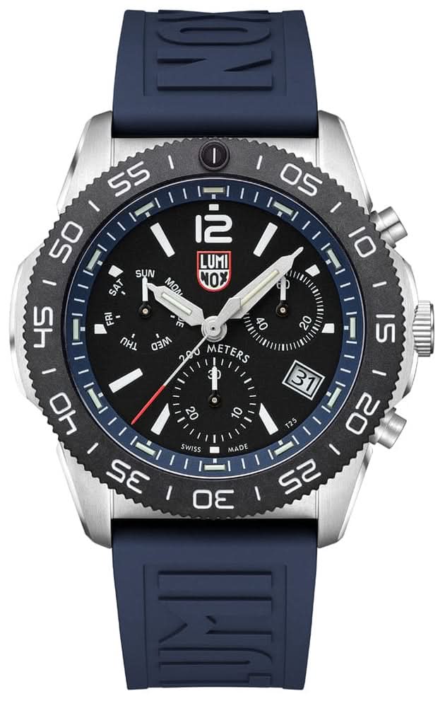 Taucheruhr mit blauem Silikonarmband, schwarzem Zifferblatt und Leuchtmarkierungen