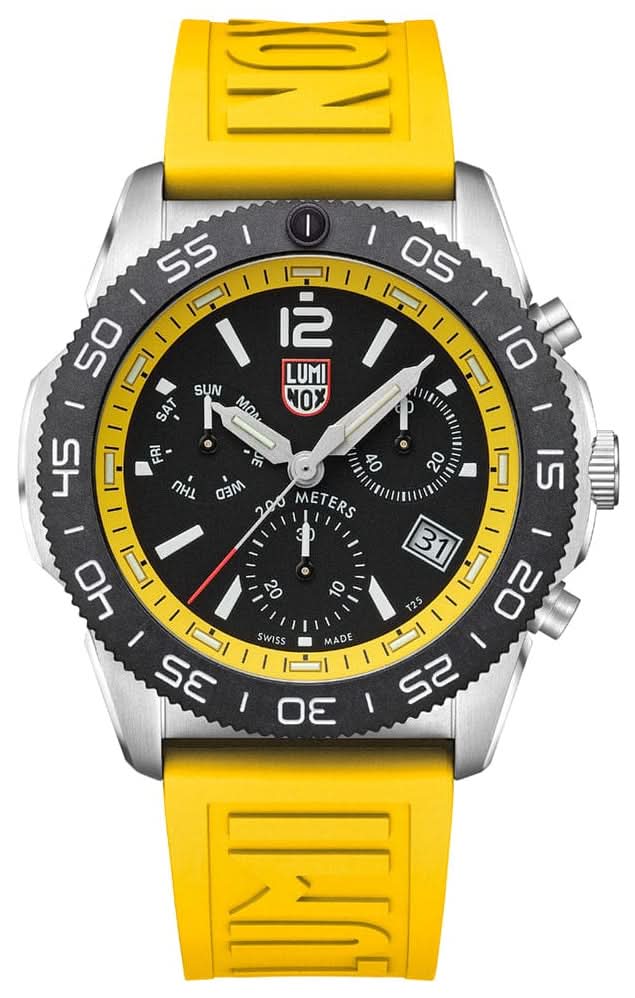 Herren-Sportuhr mit gelbem Silikonband, schwarzem Zifferblatt und Chronographen-Subdials