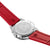 Uhrgehäuse-Rückseite mit Sternprägung und Schrauben am roten Silikonarmband