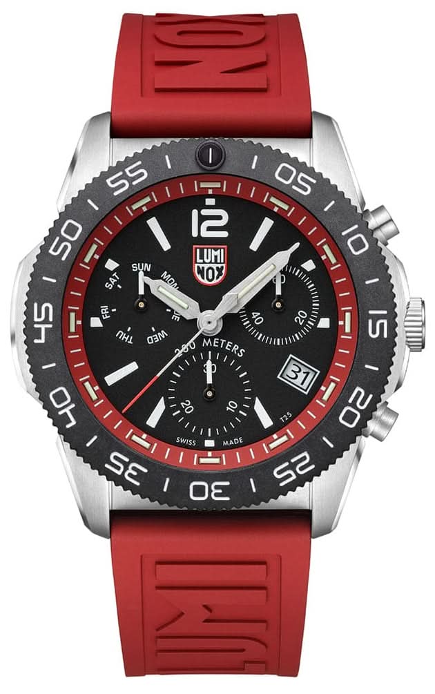 Herrenuhr mit schwarzem Zifferblatt, rotem Silikonarmband und Edelstahlgehäuse