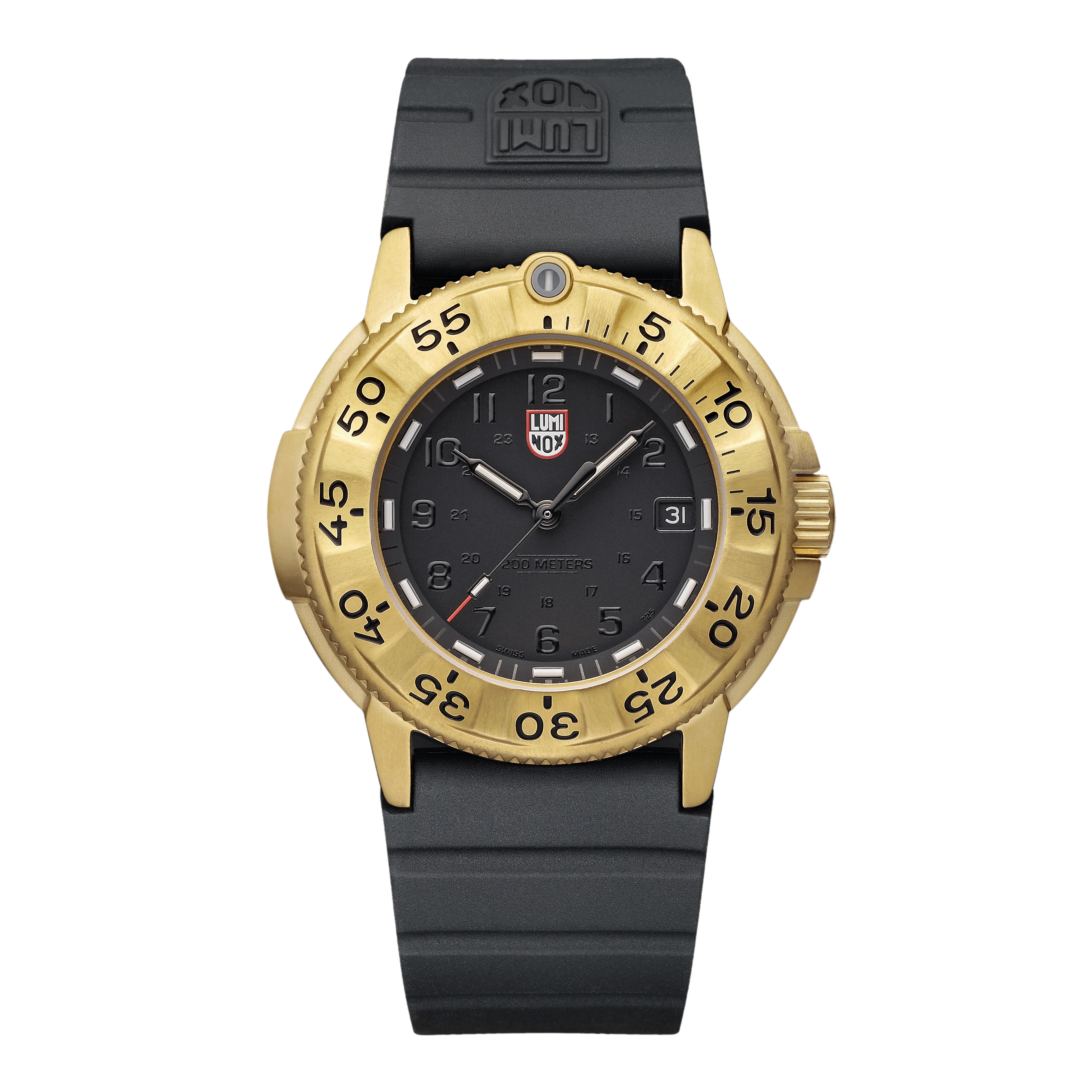 Herrenuhr mit schwarzem Zifferblatt, goldfarbenem Gehäuse und schwarzem Armband