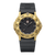 Herrenuhr mit schwarzem Zifferblatt, goldfarbenem Gehäuse und schwarzem Armband