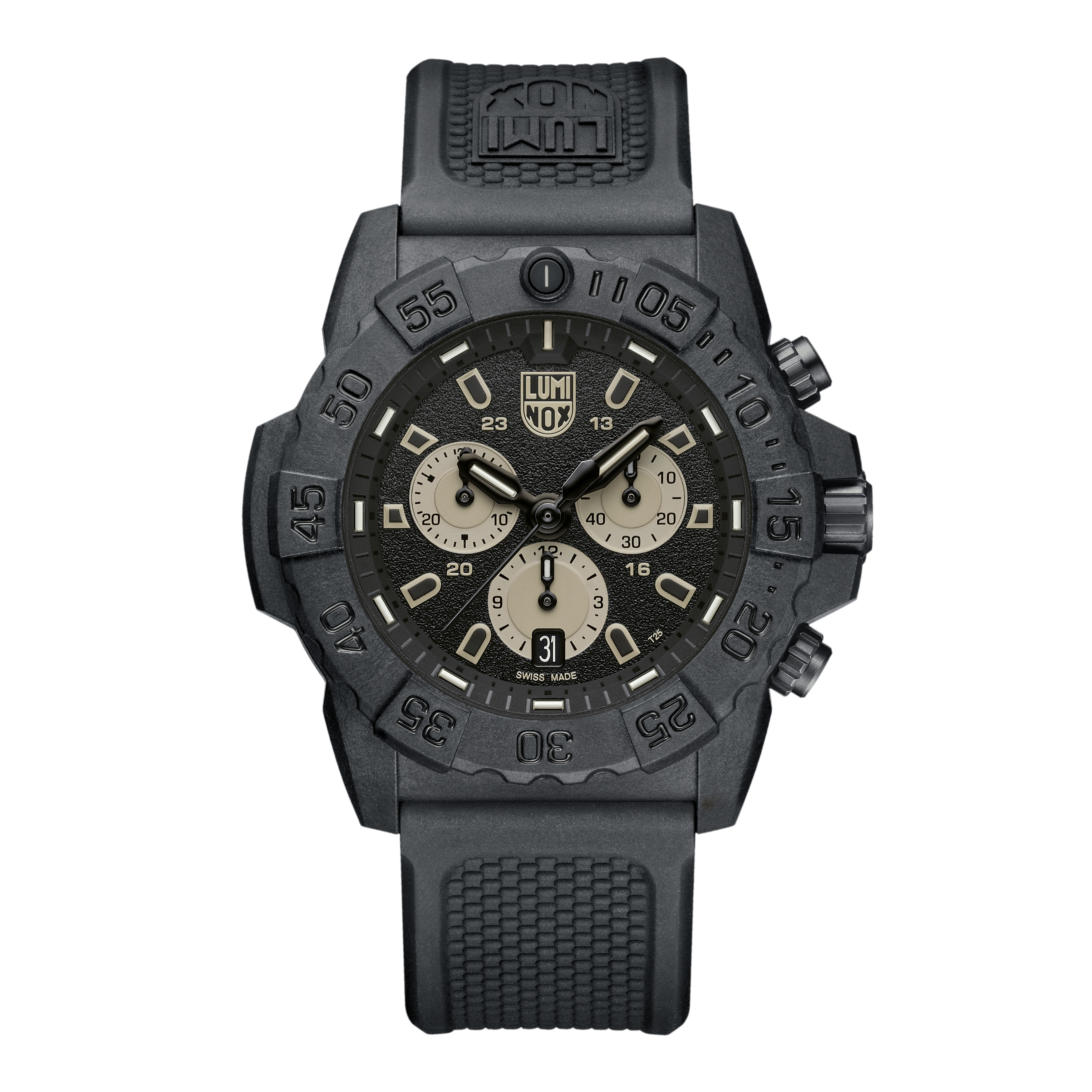 Chronographen-Herrenuhr mit schwarzem Gehäuse und Armband, schwarzes Zifferblatt