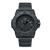 Herrenuhr mit schwarzem Gehäuse und schwarzem Lederarmband, analoge Zeitanzeige.