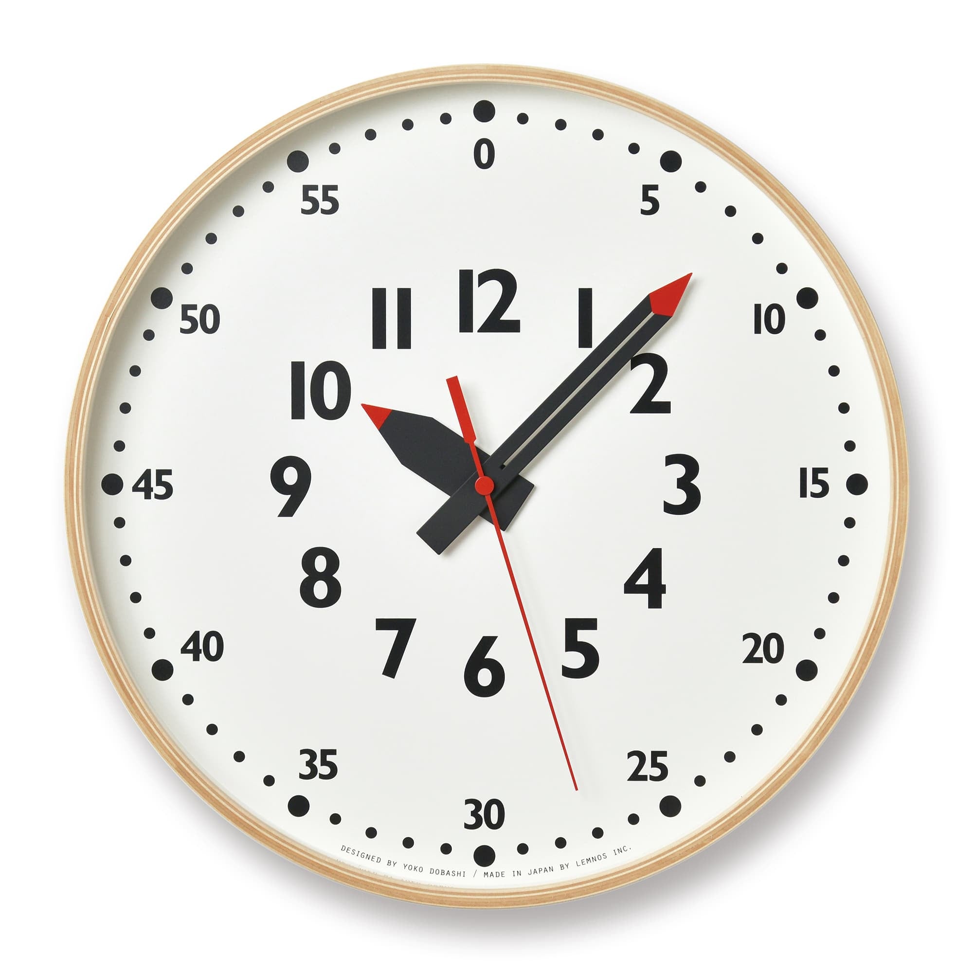 Wanduhr mit Naturholzrahmen und weißem Zifferblatt, rotem Sekundenzeiger