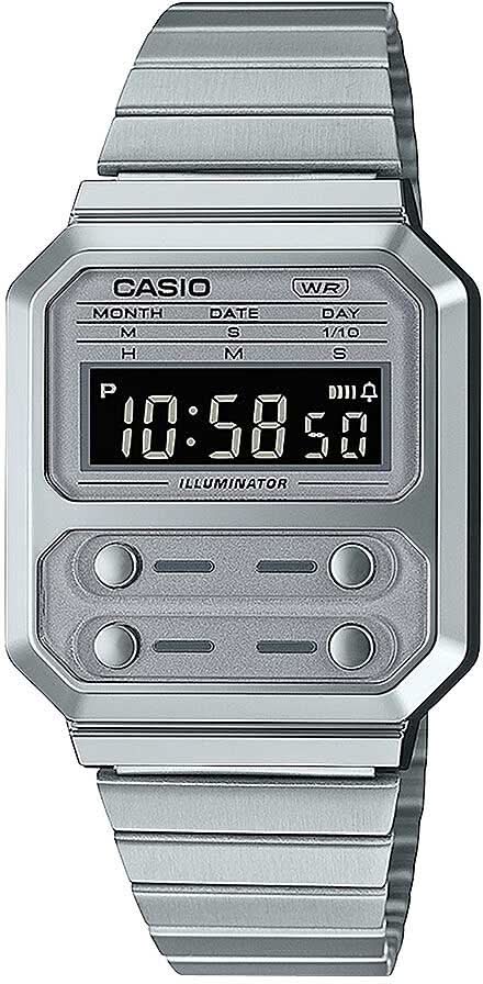 Casio Vintage-Digitaluhr mit silberfarbenem Metallarmband und LCD-Display