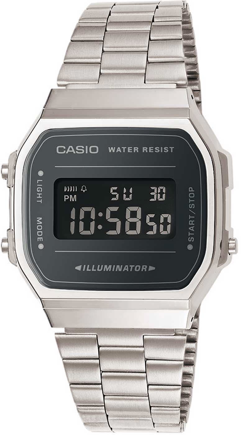 Casio Vintage-A168WEM-1EF Herrenarmbanduhr mit silbernem Metallband und schwarzem Digitaldisplay