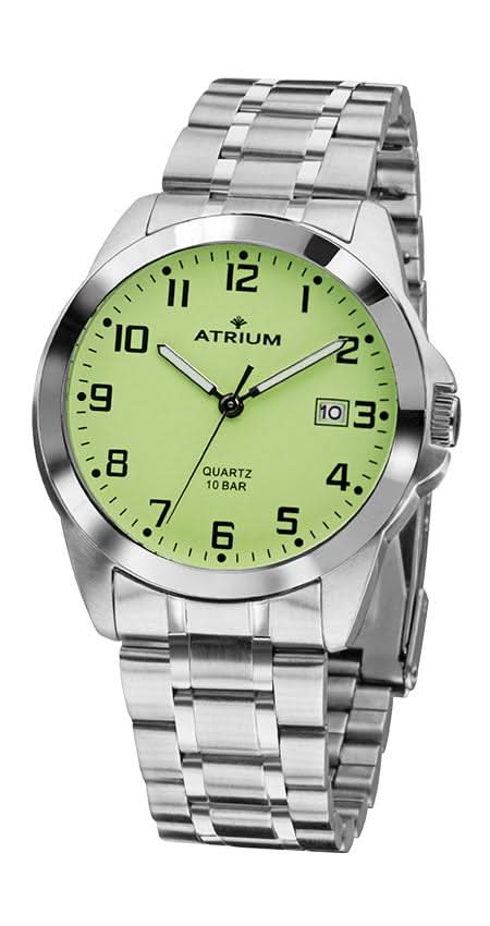 Silberne Herrenuhr mit rundem Lime-Grün-Zifferblatt und Metallarmband, Datumsanzeige bei 3