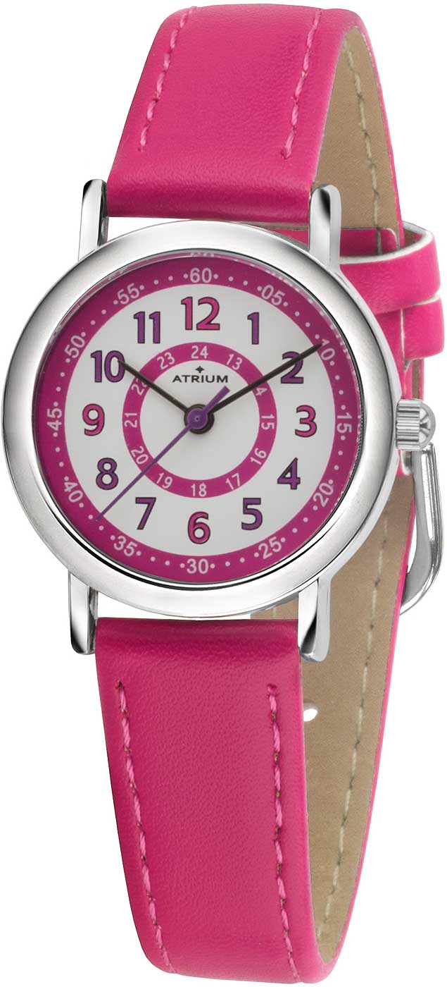 Atrium A31-101 Kinderuhr • Lernzifferblatt • Pinkes Kunstlederarmband