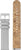 Armbanduhr mit grauem Textilband; Detailansicht mit braunem Korkband und Dornschließe.