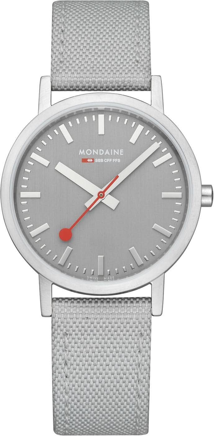 Unisex-Armbanduhr mit grauem Textilband, silbernem Gehäuse und grauem Zifferblatt.