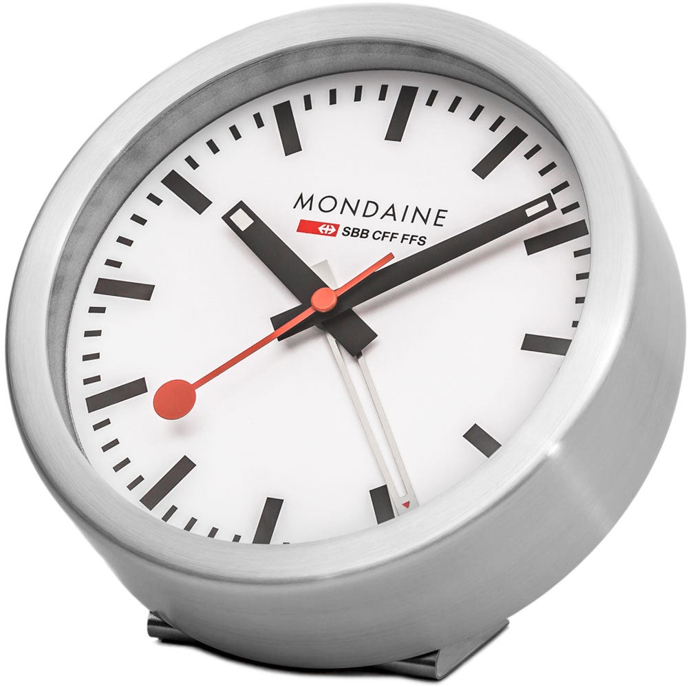 Mondaine Classic Table Alarm Clock 12.5 cm Aluminum • Original Swiss Design • With Sweeping Second Hand