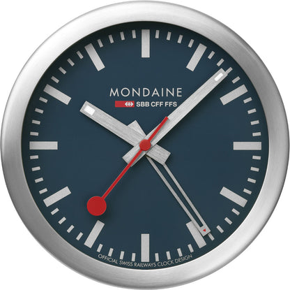 Mondaine Swiss Railways Alarm Clock 12.5 cm Aluminum • Table & Wall Clock • Sweeping Seconds Hand