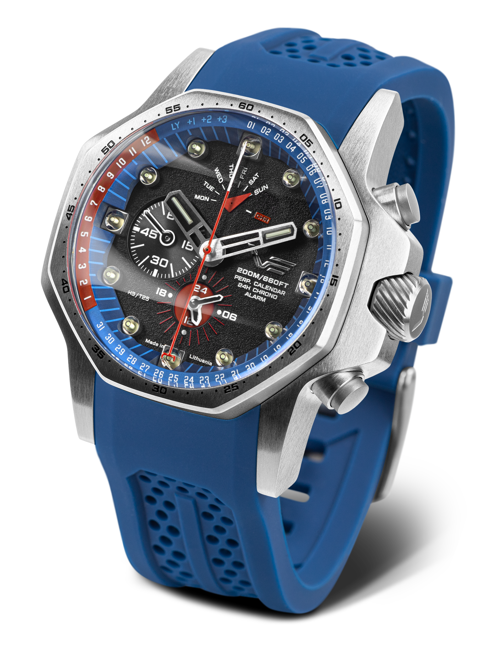 Herrenarmbanduhr Vostok Europe mit blauem Silikonarmband, blauem Lünette, schwarzem Zifferblatt