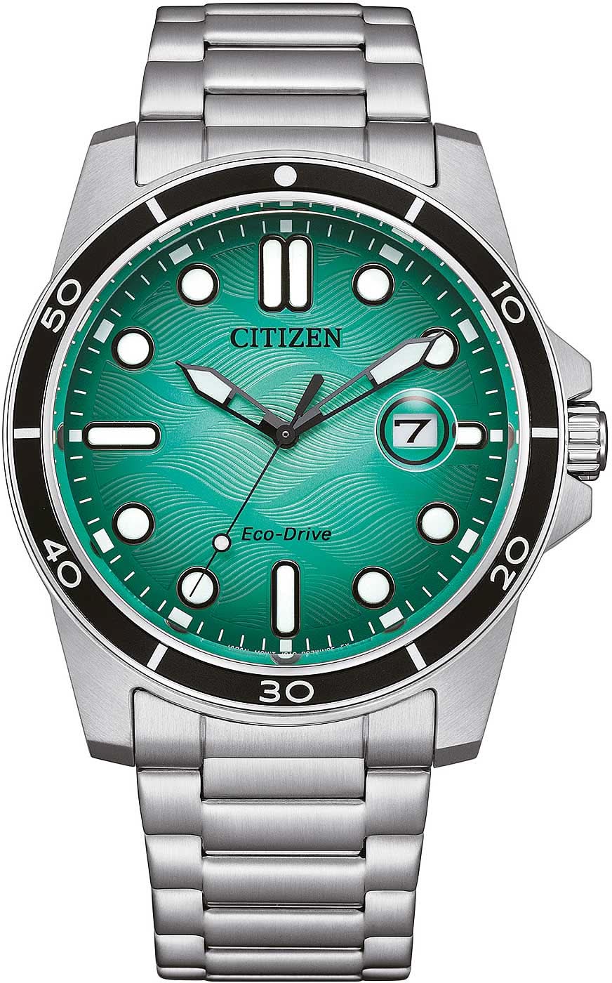 Citizen Herrenarmbanduhr mit türkis-grünem Zifferblatt und Edelstahlarmband