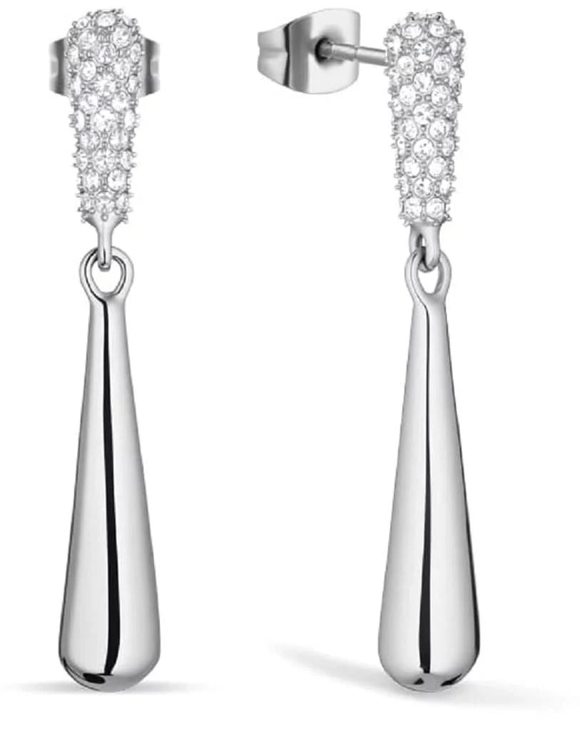 Silberne Hängeohrringe mit Pavé-Zirkonia und Tropfen-Element, Edelstahl