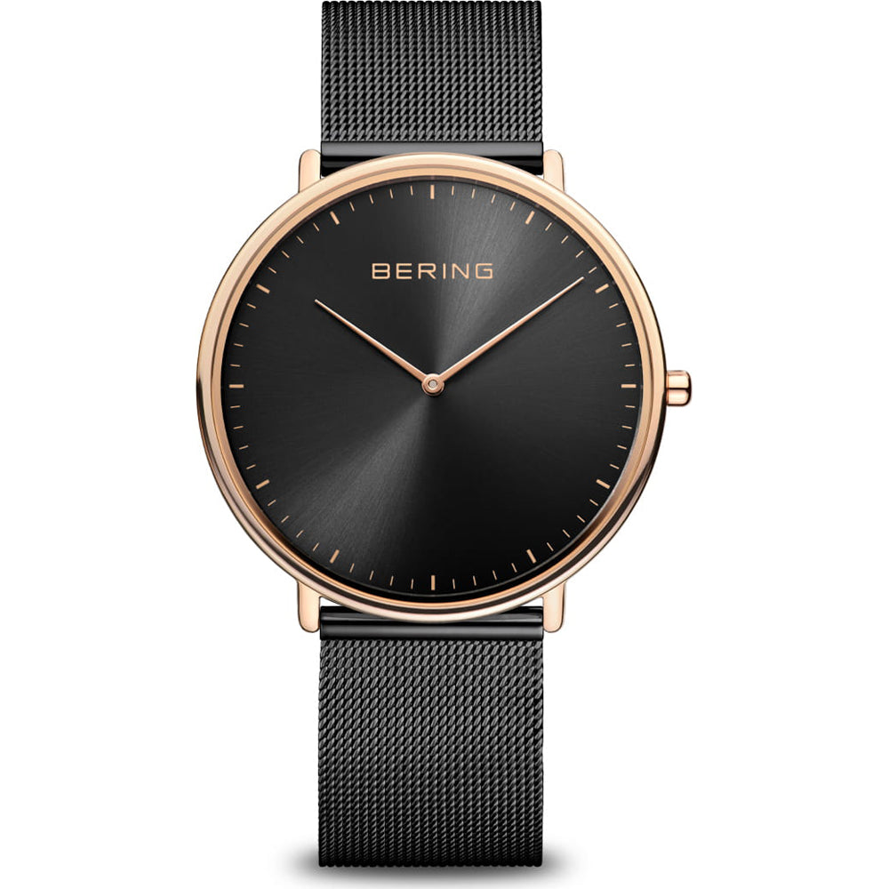 Bering Max René 15739-166 Unisex Armbanduhr Schwarz-Roségold • Saphirglas • Schlankes Milanaise-Meshband