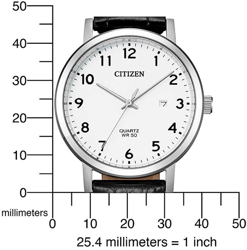 Citizen BI5070-06A Herrenuhr • Weißes Zifferblatt mit Datum • Schwarzes Echtlederarmband