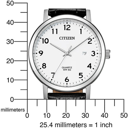 Citizen BI5070-06A Herrenuhr • Weißes Zifferblatt mit Datum • Schwarzes Echtlederarmband