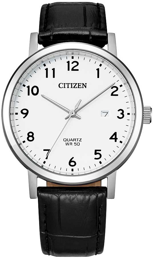 Citizen BI5070-06A Herrenuhr • Weißes Zifferblatt mit Datum • Schwarzes Echtlederarmband