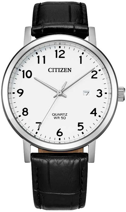 Citizen BI5070-06A Herrenuhr • Weißes Zifferblatt mit Datum • Schwarzes Echtlederarmband