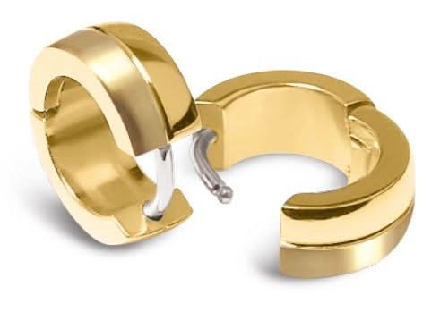 Goldfarbene Creolen mit sichtbarem Verschluss, Paar, halb geöffnet
