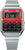 Analoge Digitaluhr mit silbernem Armband und rotem Display, integrierter Taschenrechner-Tastatur
