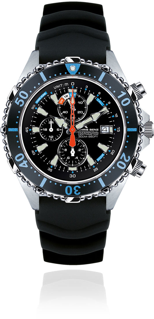 Chris Benz DEPTHMETER Chronograph 300M CB-C300X-LB-KBS Herren Uhr • Hai-Proof • Saphirglas & Tiefenmesser