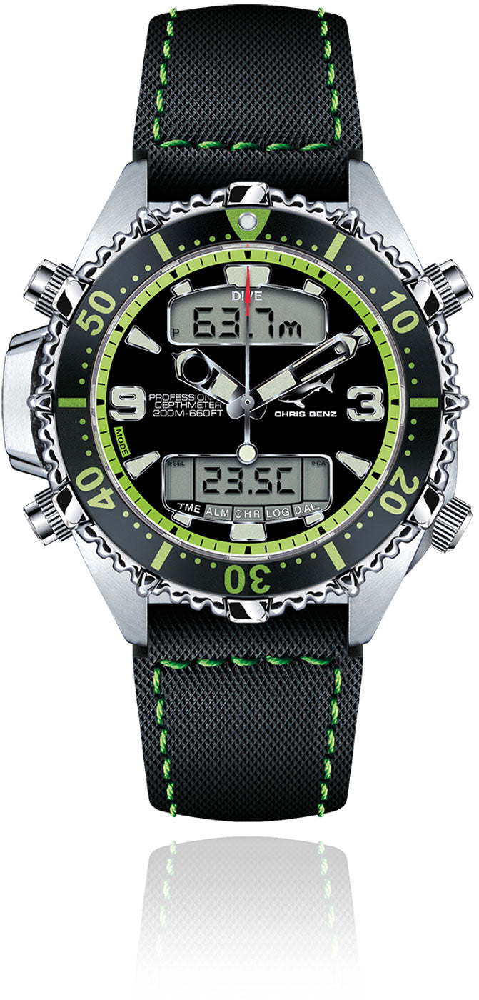 Chris Benz DEPTHMETER DIGITAL 200M CB-D200X-G-SBG Herren Uhr • Hai-geprüft • Saphirglas