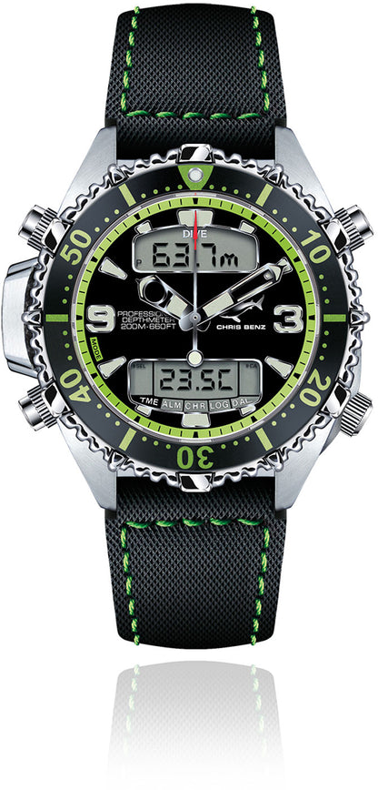 Chris Benz DEPTHMETER DIGITAL 200M CB-D200X-G-SBG Herren Uhr • Hai-geprüft • Saphirglas