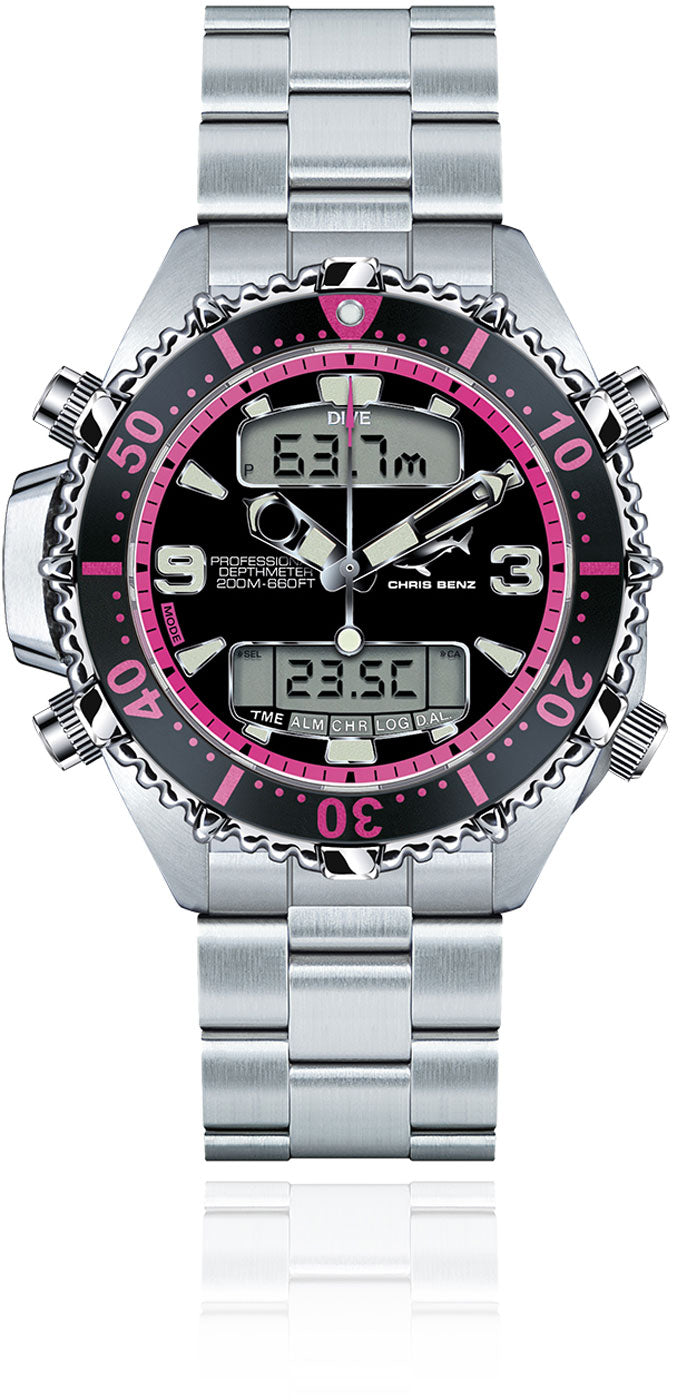 Chris Benz DEPTHMETER DIGITAL 200M PINK EDITION CB-D200X-P-MB Damen Uhr • Hai-Proof • Saphirglas