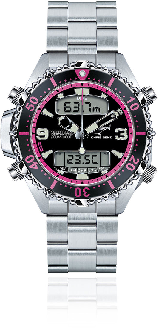 Chris Benz DEPTHMETER DIGITAL 200M PINK EDITION CB-D200X-P-MB Damen Uhr • Hai-Proof • Saphirglas
