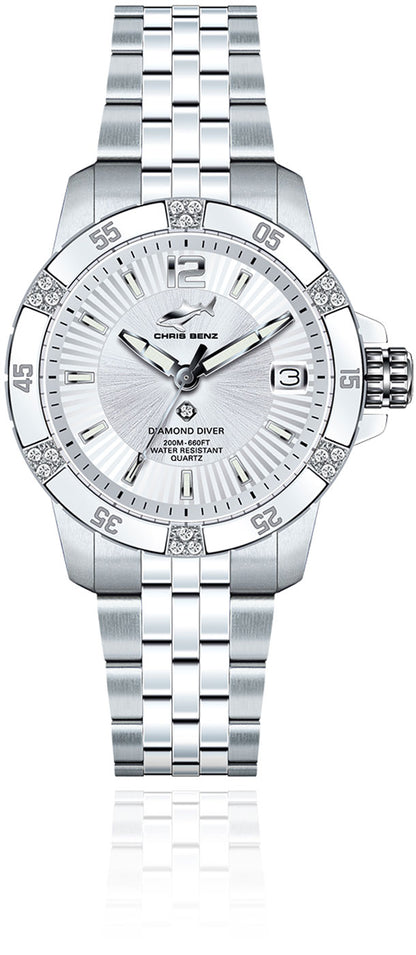 Chris Benz Stars & Diamonds Diamond Diver CB-DD200-SI-MBJ Damen Uhr • Hai-geprüft • Saphirglas