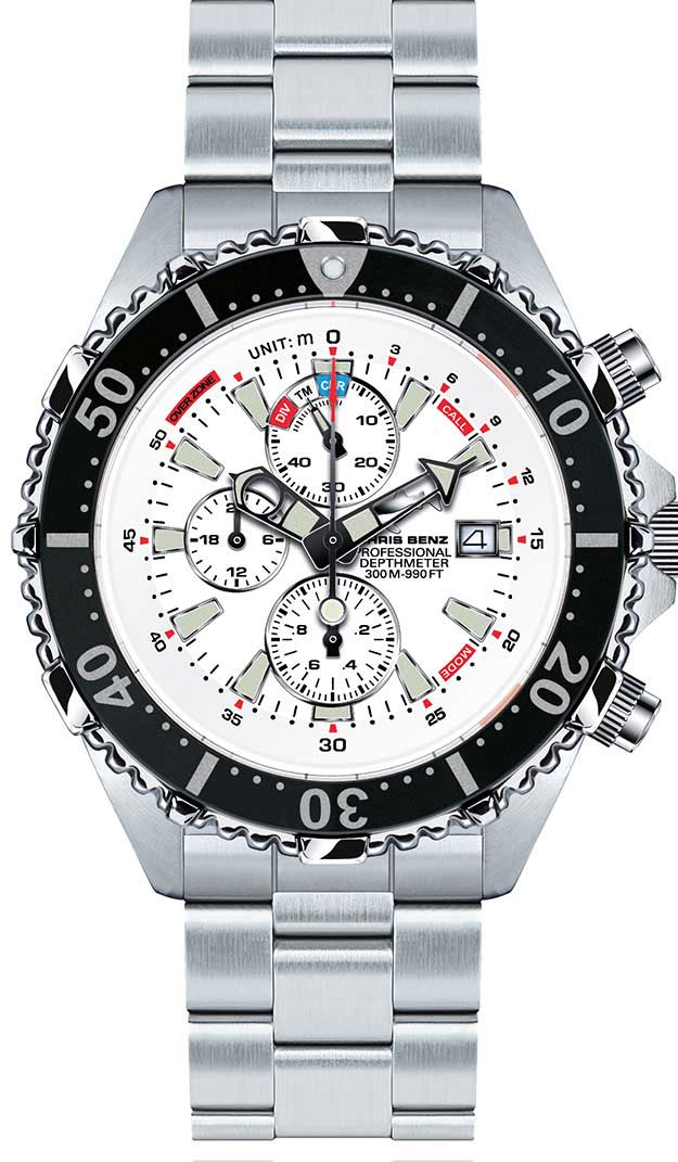 Chris Benz DEPTHMETER CHRONOGRAPH 300M CB-C300-W-MB Uhr • Hai-Proof • Saphirglas