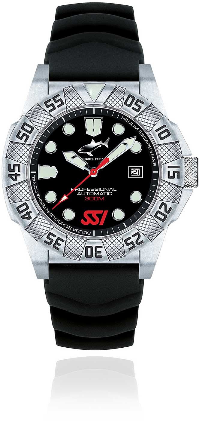 Herrenuhr mit schwarzem Band, silbernem Gehäuse und schwarzem Zifferblatt