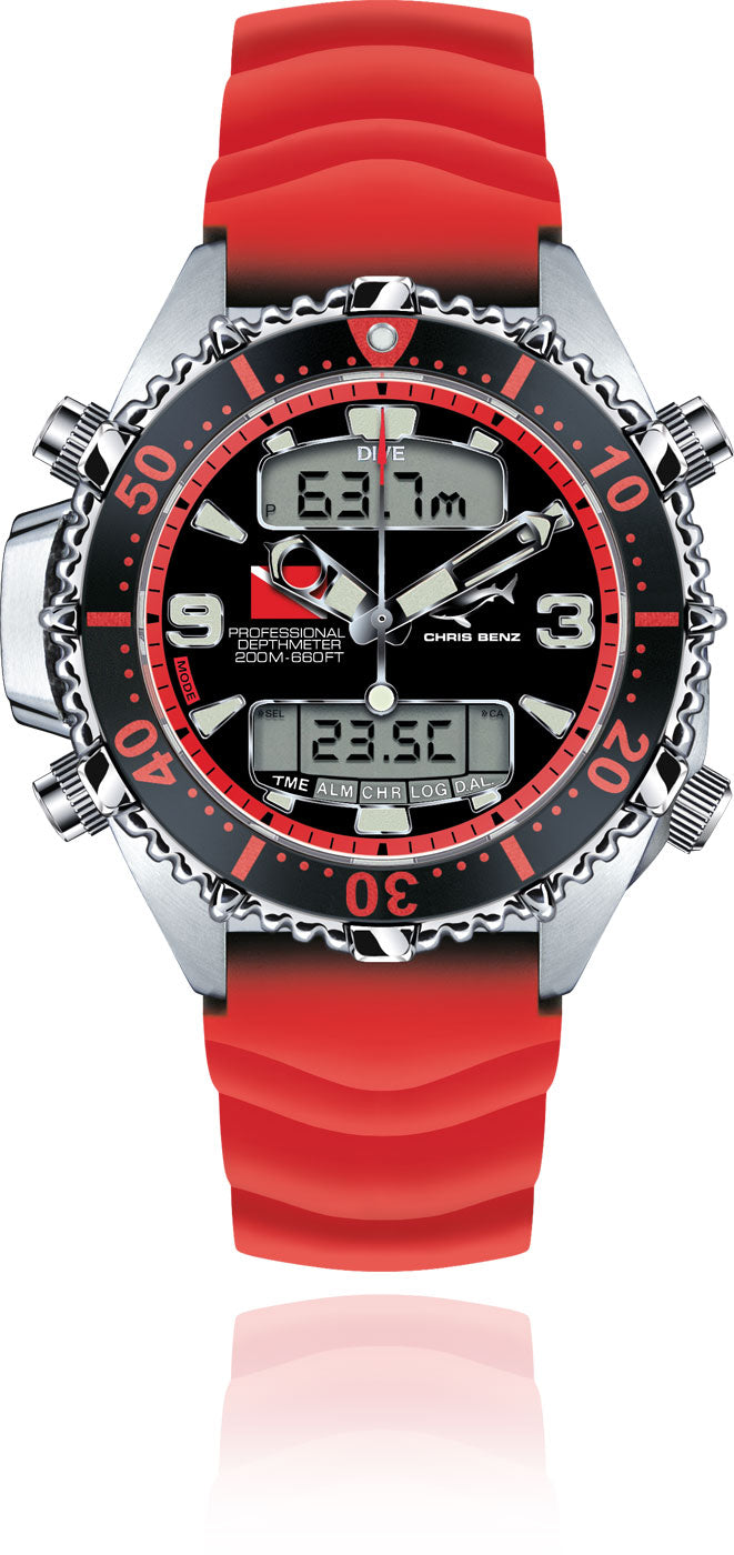 CHRIS BENZ DEPTHMETER DIGITAL 200M CB-D200X-R-KBR Herren Uhr • Hai-Proof • Saphirglas