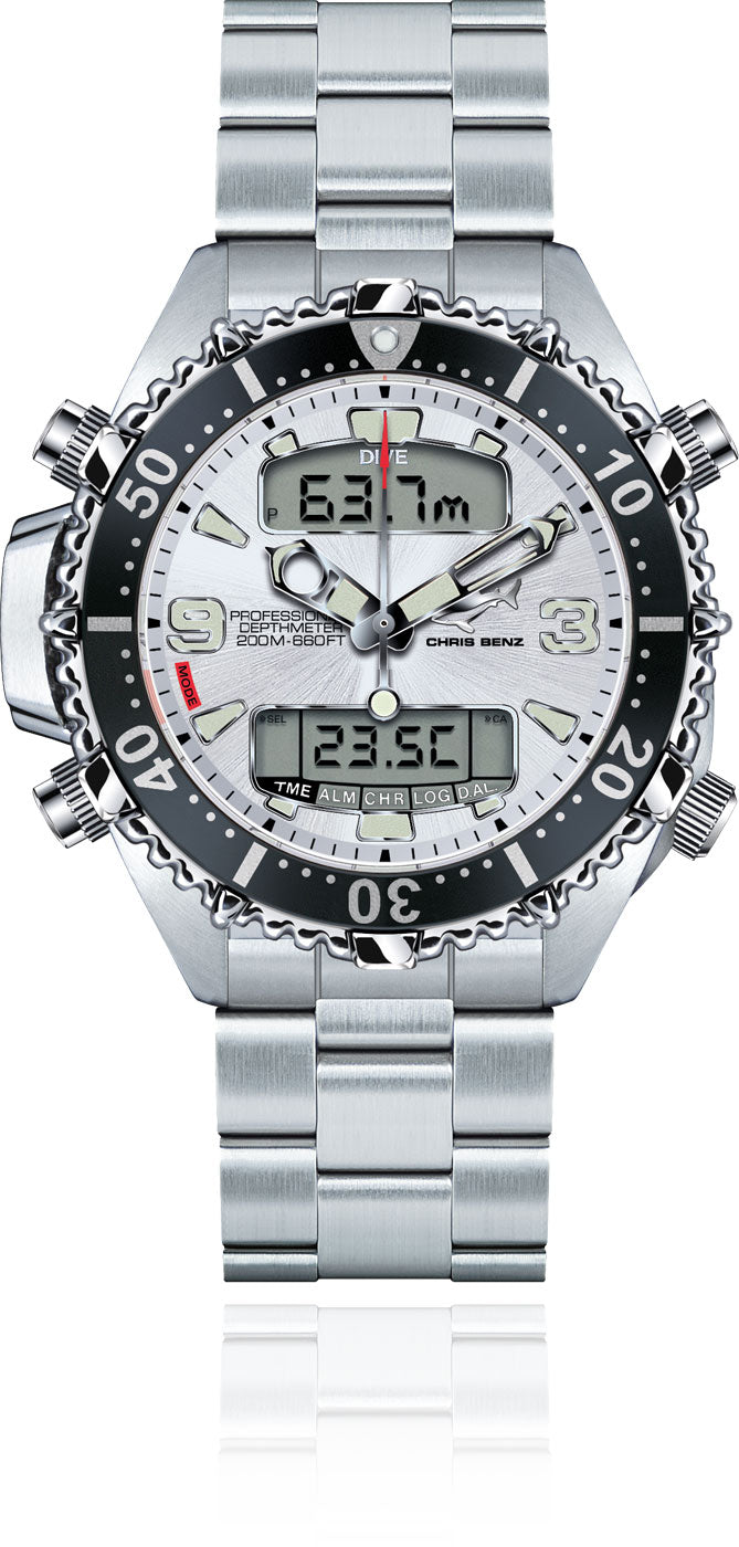 Chris Benz DEPTHMETER DIGITAL 200M CB-D200X-SI-MB Herren Uhr • 200m Hai-Proof • Saphirglas