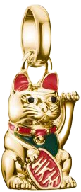 Thomas Sabo Charm-Anhänger: winkende Katze mit rotem/ grünem Kaltemail, vergoldet
