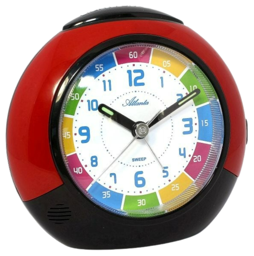Kinderlernuhr-Wecker mit analogem Ziffernblatt, rotes und schwarzes Gehäuse, farbige Zahlen.
