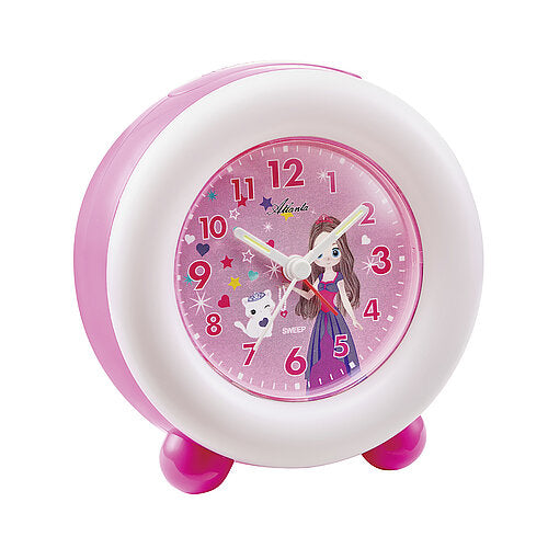 Kinderwecker mit Leuchtring, rosa Gehäuse und analogem Zifferblatt mit Figurenmotiv
