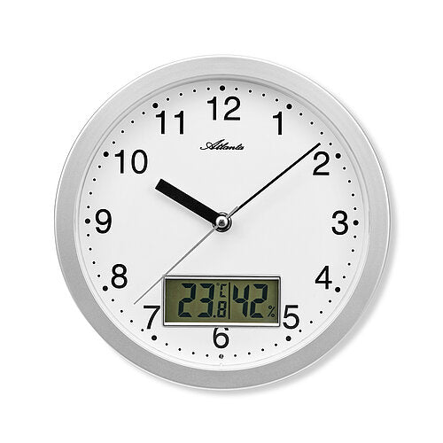 Silberne Wanduhr mit weißem Zifferblatt und Anzeige für Temperatur & Luftfeuchte