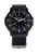 Herrenuhr mit schwarzem Zifferblatt und schwarzem Armband, Vorderansicht