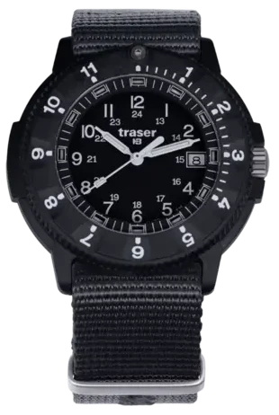 Herrenuhr mit schwarzem Zifferblatt, markierten Indexen und schwarzem Textilarmband
