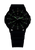 Herrenuhr mit schwarzem Zifferblatt und grünen Leuchtmarkierungen, schwarzes Armband