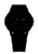 Herrenuhr-Nahansicht von Gehäuse und Krone, schwarzes Armband